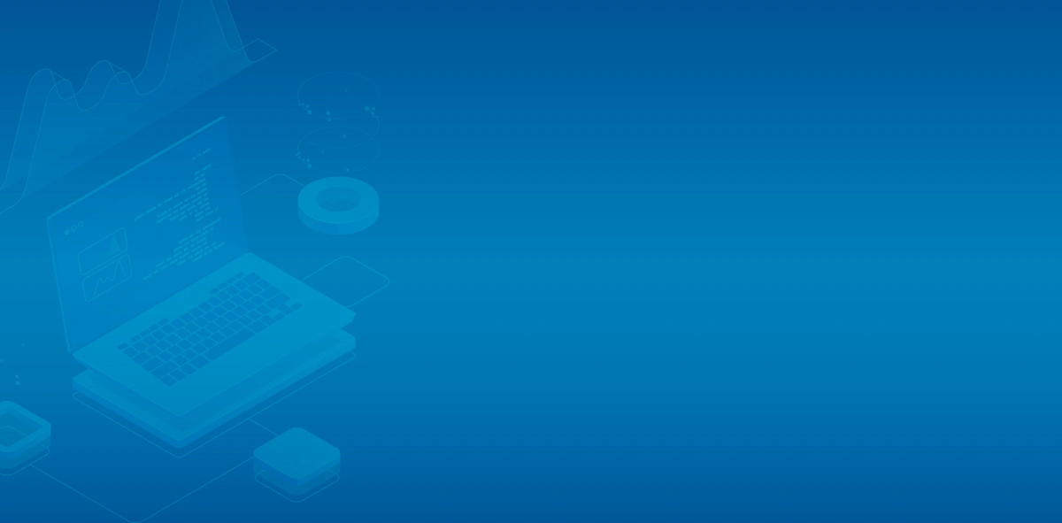 Blue background gradient with laptop and visualizations